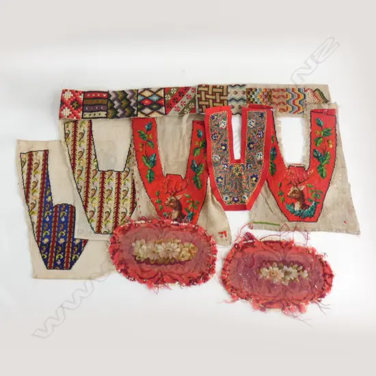 A pair of Victorian Berlin wool work slippers + three others, two tapestry fragments and a wool work sampler…